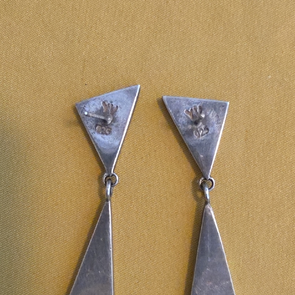 Vintage 925 Silver Geometric Drop Earrings - "YV" Hallmark - JanVan Schaik - Picture 3 of 6